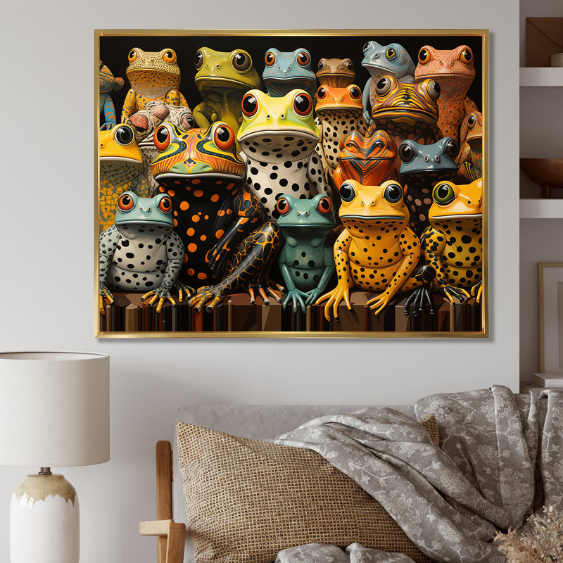 «Multicolor Pop Art Frogs I», reproduction d'art sur toile, Cadre flottant doré, H 16 po x l 32 po x P 1 po