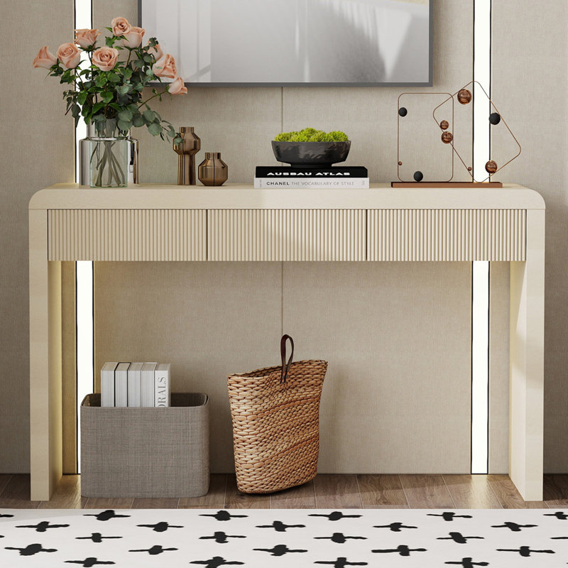 Console rustique avec 3 tiroirs cannelés en placage de bois massif pour le salon, Abricot