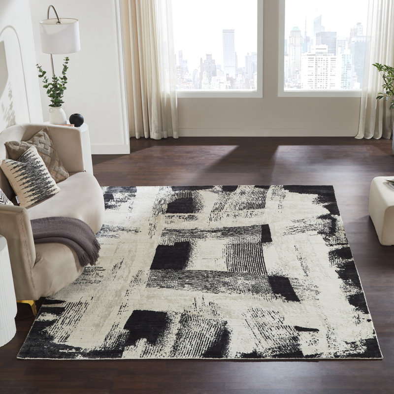 Atelier Inkstroke Ivory Black Wool Hand Loomed Area Rug, Rectangle 2' x 3'