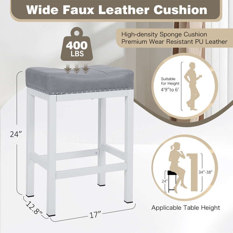 Backless Counter Stool with Metal Frame, Gray/White, 3