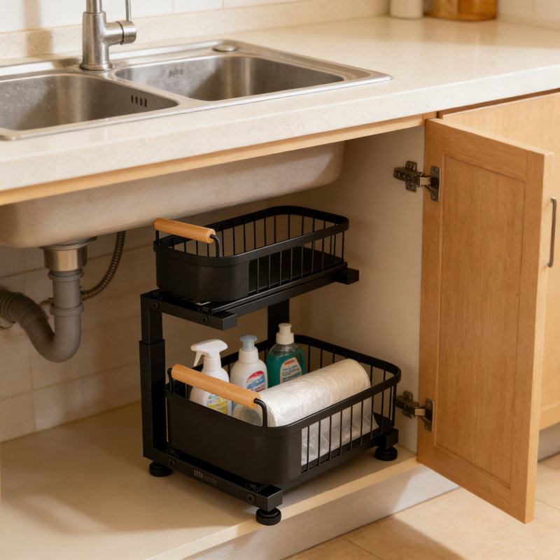 Organisateur robuste sous l'évier, organisateur d'armoire coulissant à 2 niveaux avec hauteur réglable et paniers coulissants à roulement à billes pour le rangement de la cuisine et de la salle de bain