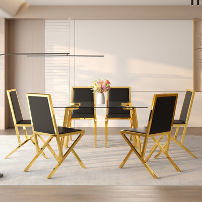 Table and chair set.51 × 31.5-inch tempered glass dining table, paired with a set of 6 Black PU dining chairs. Modern light luxury home restaurant table and chair combination.