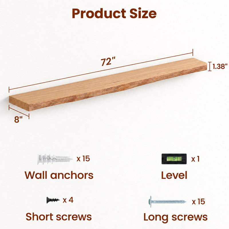 Carsin Irregular Reclaimed Elm Floating Wall Shelf, 1.38" H x 72" W x 8" D, Natural