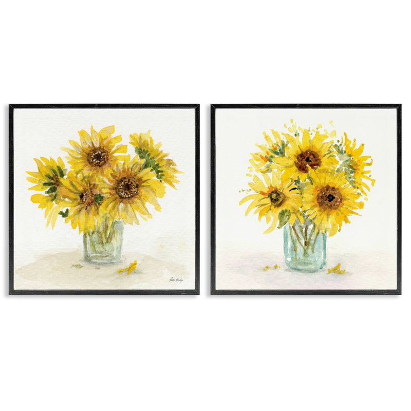 «Sunflower Bouquet Jar», ensemble de 2 giclées par Paul Brent, Giclée encadrée noir minuit, H 24 po x l 24 po