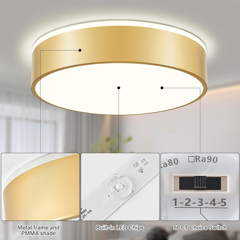 Plafonnier moderne à intensité variable, plafonniers encastrés sélectionnables 2700K-6000K 5CCT, plafonnier rond en métal minimaliste à DEL pour la chambre à coucher, la cuisine, le couloir et la salle de lavage