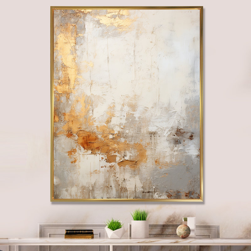 Fusion abstraite dorée et beige sur toile, H 40 po x l 30 po x P 1,5 po, Cadre flottant doré