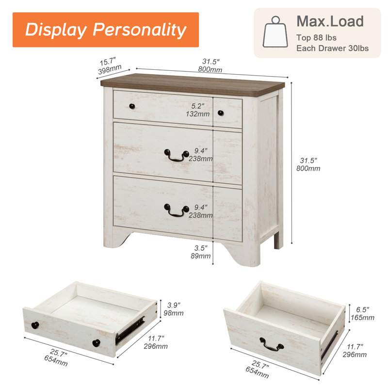 Farmhouse Nightstand With 3 Drawers, Distressed White，31.5", White, Individual
