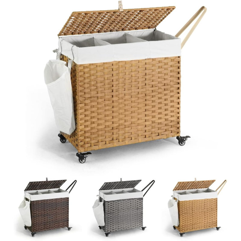 CAPHAUS Rattan Laundry Basket with Wheels, 140L-160L Capacity, Removable Liner Bags, 3colors, Natural