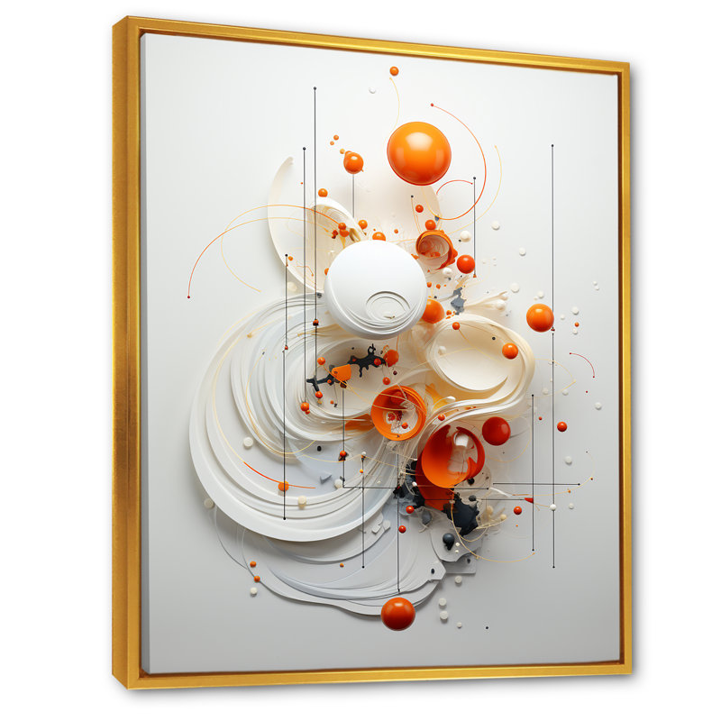 Symétrie orange et blanche en spirale I - art mural géométrique abstrait pour le salon, Cadre flottant doré