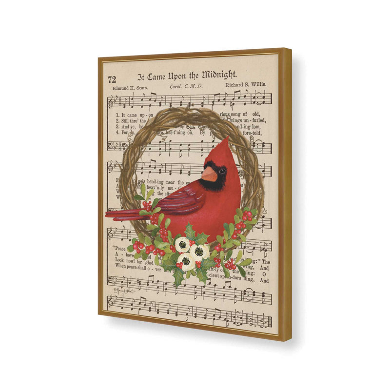 «Cardinal Carols Wreath» par Annie Lapoint, reproduction d'art, L 30 x H 40, Doré, Impression encadrée