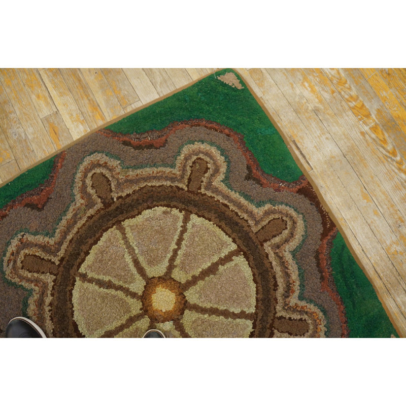 Antique Green Pictorial Sailboat Steering Wheel Helm Pattern Square American Folk Art Hooked Rug