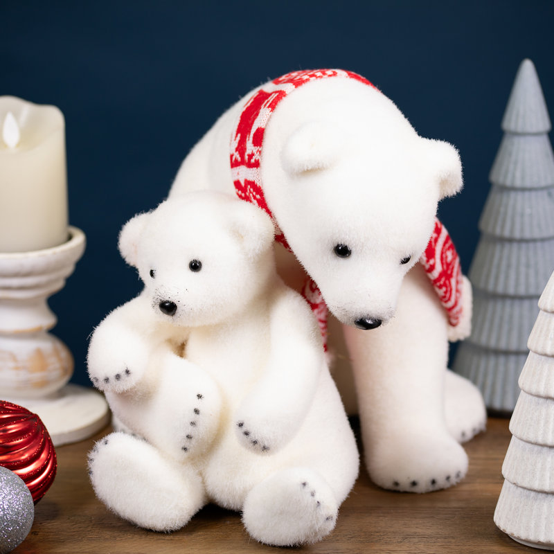 Figurine de Noël maman et petit ours polaire assis - 14,5 po - blanc et rouge
