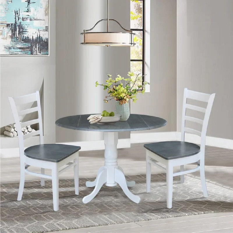  Hinerk - 2 Person Solid Wood Dual Dropleaf Dining Set, Heather Gray/White