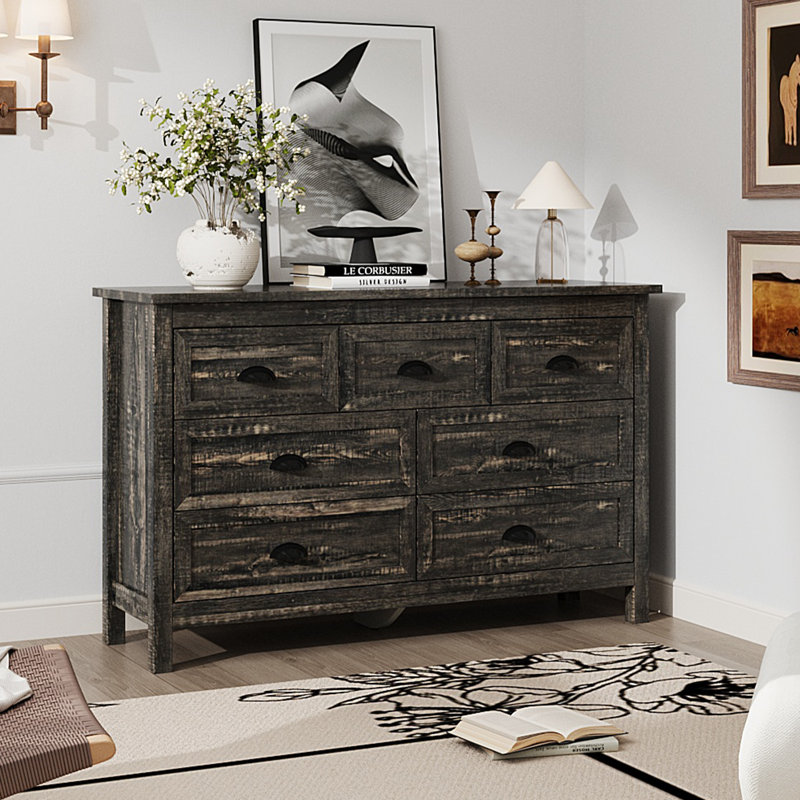 Dresser For Bedroom, Modern Dresser With 7 Drawers, Wide Chest Of Drawers With Metal Handles, Dark Gray