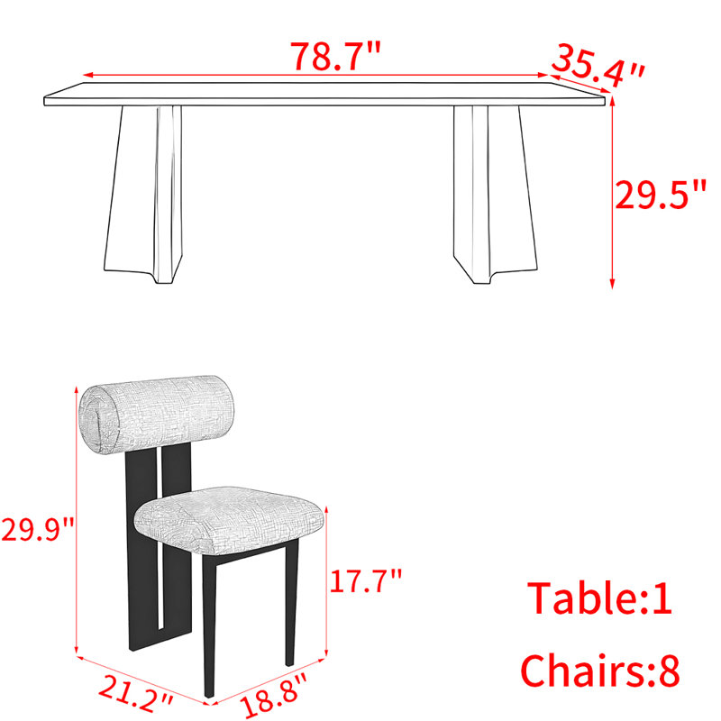 Ensemble de table à manger moderne en bois massif rectangulaire, H 29,5 po x L 78,7 po x l 35,4 po