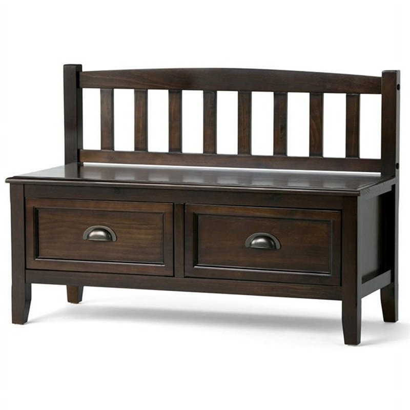 Burlington 42"W Solid Wood Transitional Storage Bench with Drawers, Bronze Handles and Tapered Legs, Mahogany Brown