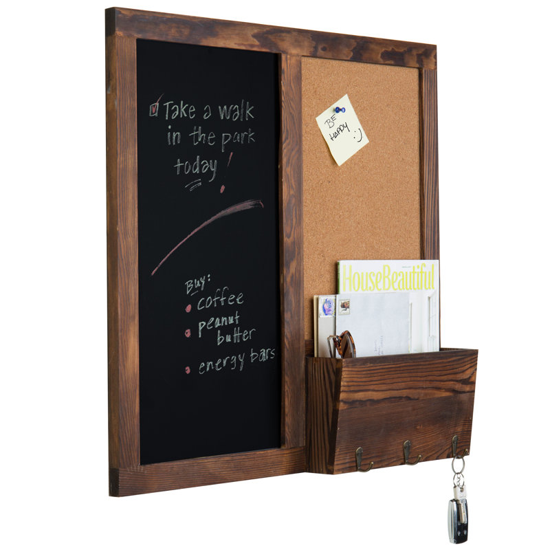 Entryway Wall Organiser with Key Hooks/Mail Storage/Chalkboard/Corkboard, Brown