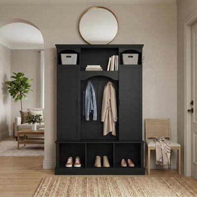 All-in-One Modern Hall Tree with Side Cabinets, 7 Hooks, Adjustable Shelves, and Storage Bench