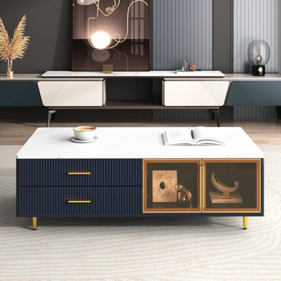 Table basse bleu marine avec 2 portes de rangement en verre, 4 tiroirs, pieds en métal doré, éclairage multicolore, dimensions de 47,2 po, capacité de charge de 220 lb, compartiments de rangement à plateau en marbre, blanc réglable