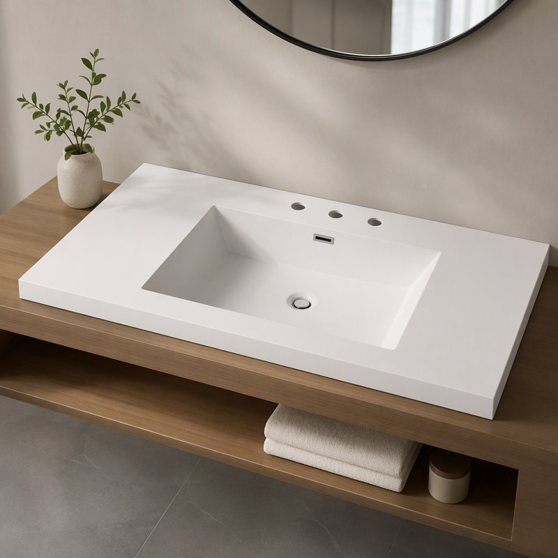 Lavabo en résine 48 po pour meuble-lavabo, lavabo de salle de bain avec 3 trous de robinet, comptoir de meuble-lavabo seulement, blanc éclatant