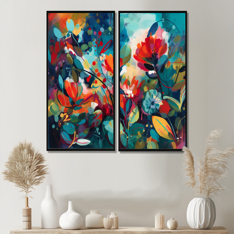 «Red Vibrant Garden Symphony I», art mural floral grand, 20" H x 24" W, Impression encadrée flottante, Black