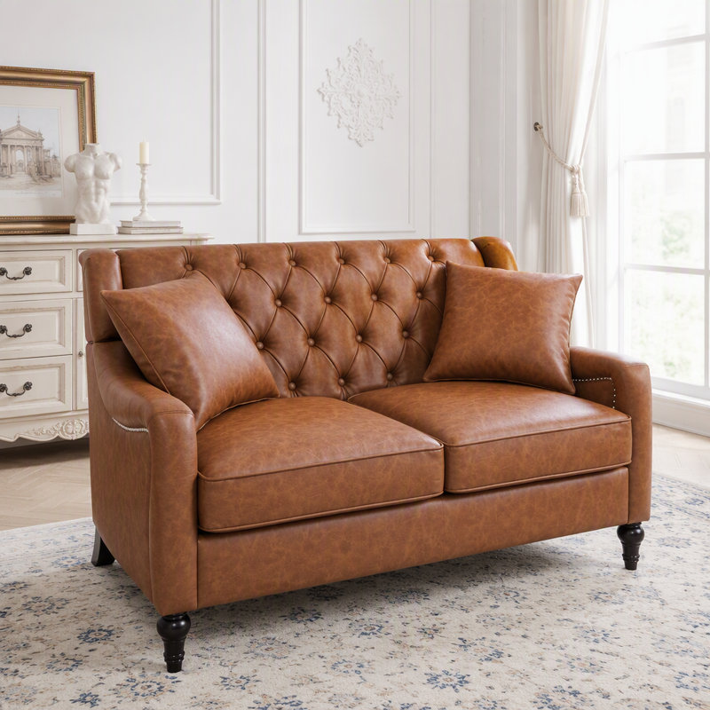 Canapé en PU avec dossier capitonné et garniture cloutée, 2-Seater, Brown Faux Leather