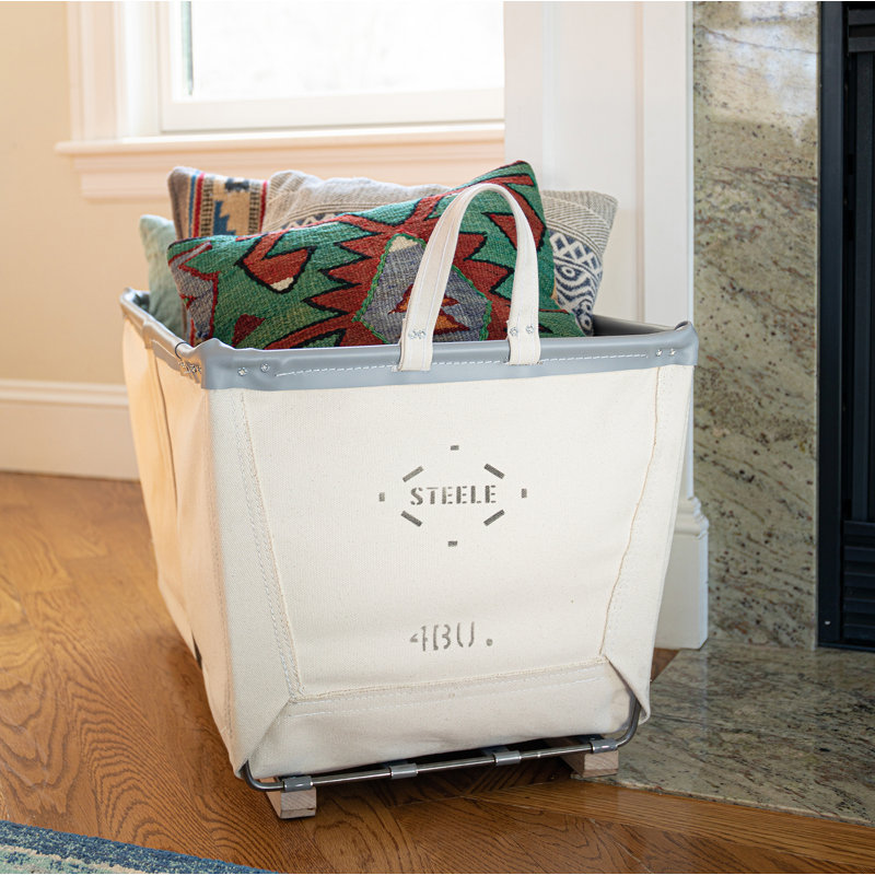 Canvas Laundry Basket with Handles, Wood Runners, Grey Vinyl