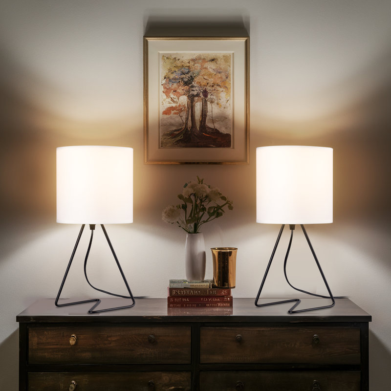 Ensemble de 2 lampes de table industrielles en métal avec abat-jour en tissu blanc