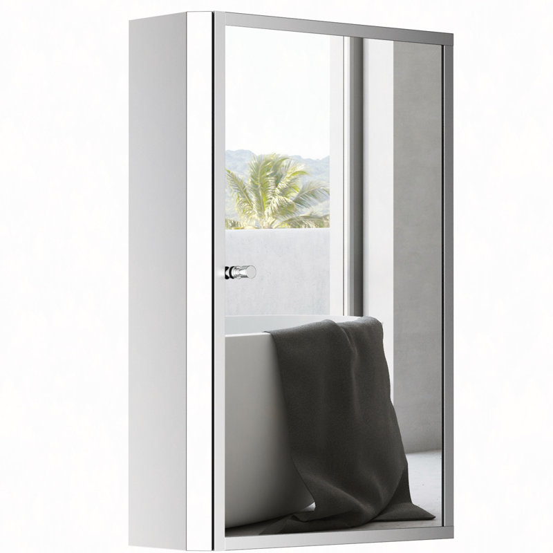 Armoire de salle de bain à miroir avec cadre vertical en acier inoxydable 16 po x 24 po, organisateur de rangement mural avec porte simple
