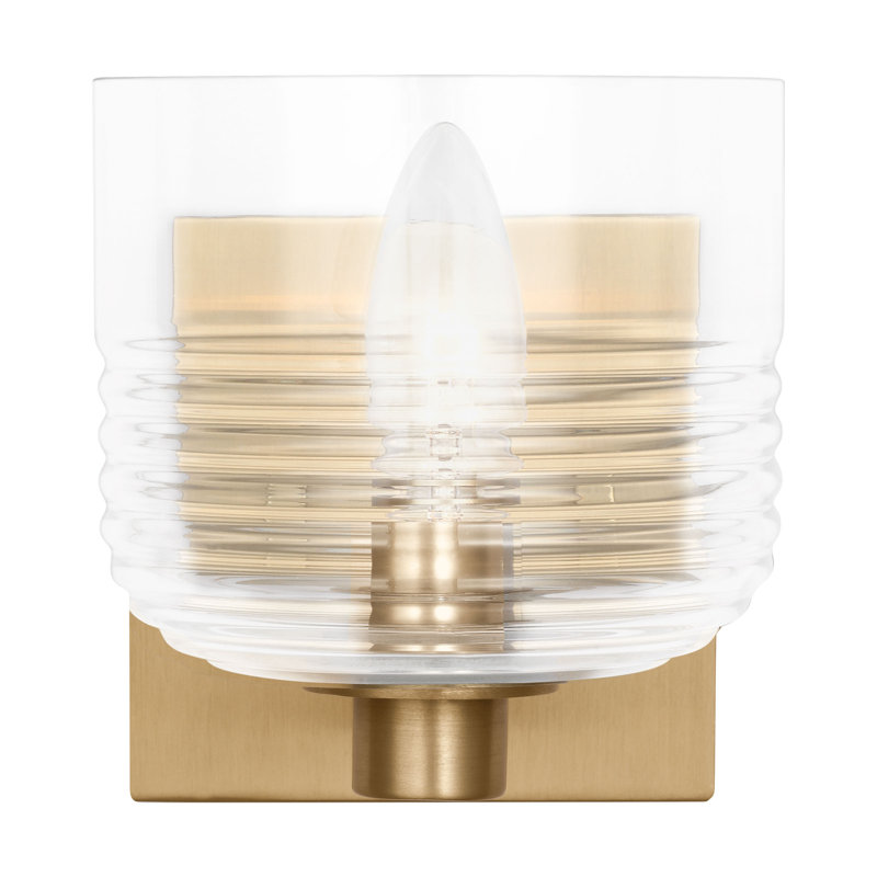 Lochdale Bathroom Bedroom Wall Fixture With Clear Ribbed Shade, 1 Light, 6.125" H x 5.375" W x 7.875" D, Satin Brass