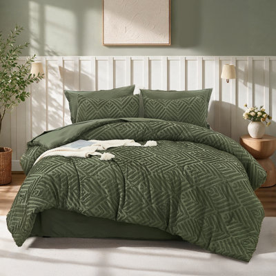 Ensemble d'édredon pour grand lit Andency vert olive - Ensemble de 7 édredons pour grand lit vert olive Boho, ensemble de lit capitonné avec édredon, draps, taies d'oreiller et taies décoratives
