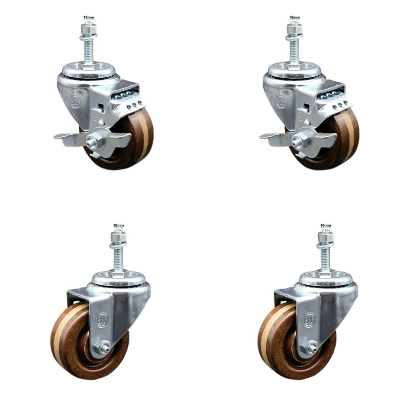 Ensemble de roulettes à tige filetée de 3 pouces à haute température pivotant de 10 mm et 2 freins