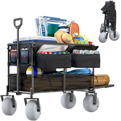 Beach Wagon with Balloon Wheels for Sand,Double Decker  Collapsible Utility Cart with 500lb Capacity