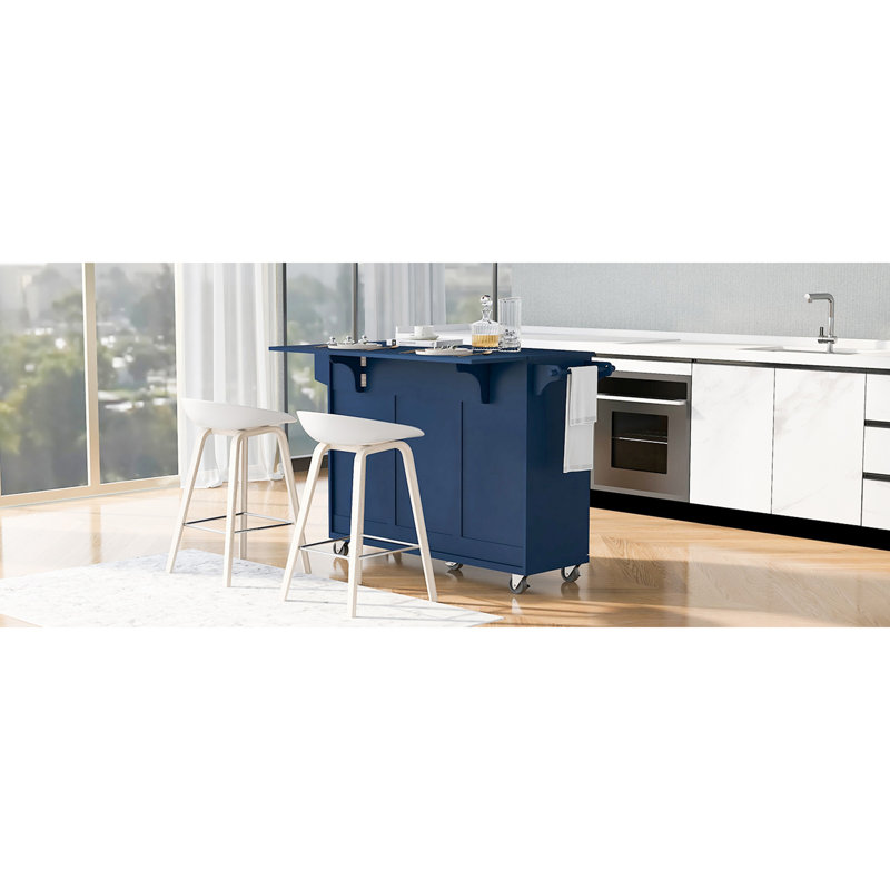 Îlot de cuisine de 53,2 po avec abattant, chariot de rangement de cuisine avec support à épices, porte-serviettes et 2 tiroirs, îlot de cuisine sur roulettes avec tablettes réglables pour la cuisine, la salle à manger, bleu marine