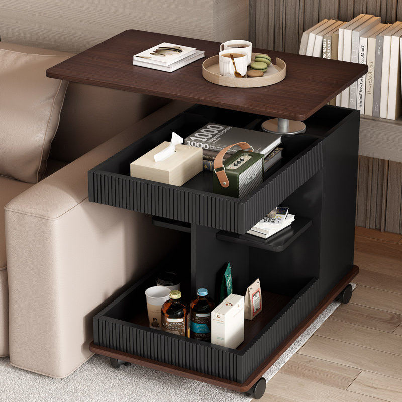 Table d'appoint multifonctionnelle avec plateau relevable et roulettes, Noir