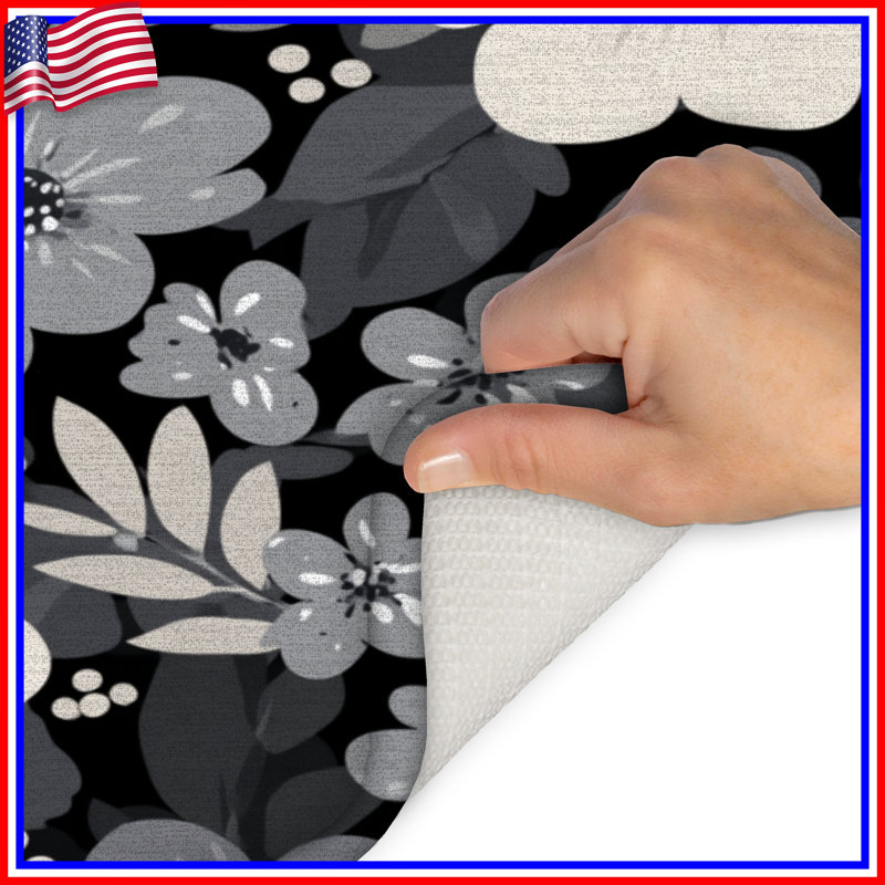 Tapis de bain floral, Simple - L 21 po x l 34 po, Noir / floral 1
