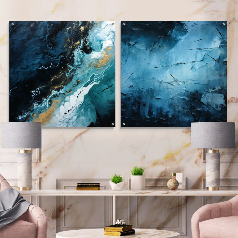 Blanc et bleu abstrait élément Fight - formes abstraites acrylique ensemble d'art en verre ensemble de 2, H 16 po x l 33 po