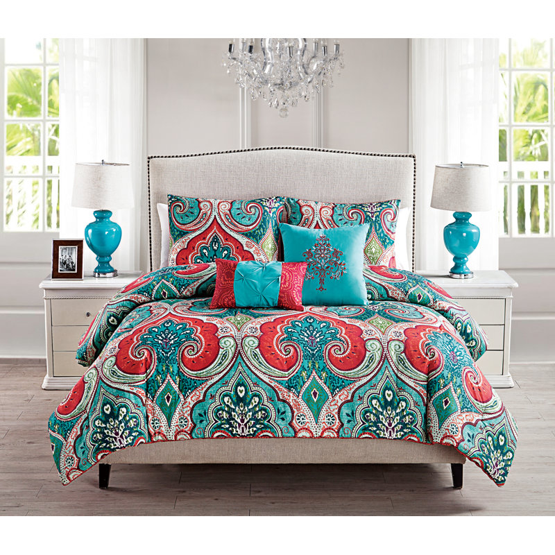 Casa Re’al Damask Reversible Comforter Set, Teal, Twin