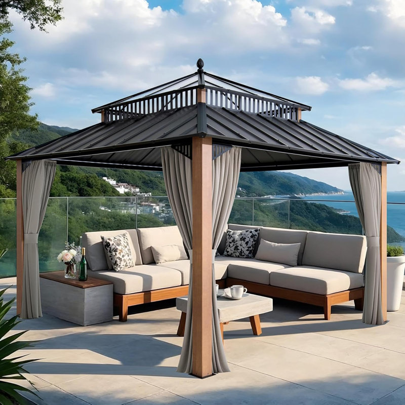 SUNJOY Kingston 12x12 Gazebo, Steel & PC Roof Hardtop Gazebo with Curtain and Netting - Woodgrain Posts