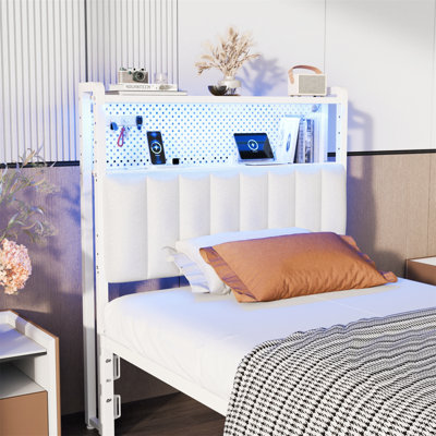 Headboard, Adjustable Upholstered Headboard With 2 Tier Shelves And Pegboard With Charging Stations And LED Lights, Modern Bed Headboard With Storage by Wrought Studio