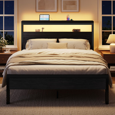 Black Metal Platform Bed Frame with Wooden Headboard —Smart LED Lights,  2‑Tier Shelf & Built‑In Charging Station
