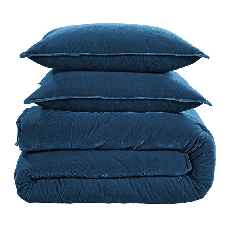 Estelle Velvet Soft Plush Classic Modern Chic Casual Comforter Set, King Comforter + 2 King Shams, Blue