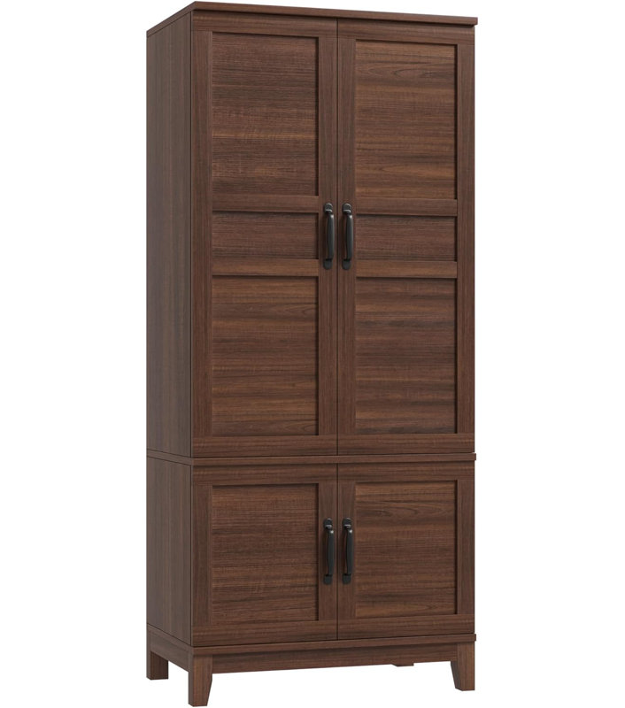 Armoire-penderie 72 po en bois avec 4 portes, tringle suspendue, 18 tablettes réglables, grande armoire de rangement pour vêtements autoportante pour chambre à coucher, brun noyer