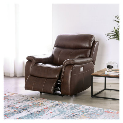 Fauteuil inclinable électrique brun en cuir fleur brun avec cadre en bois massif