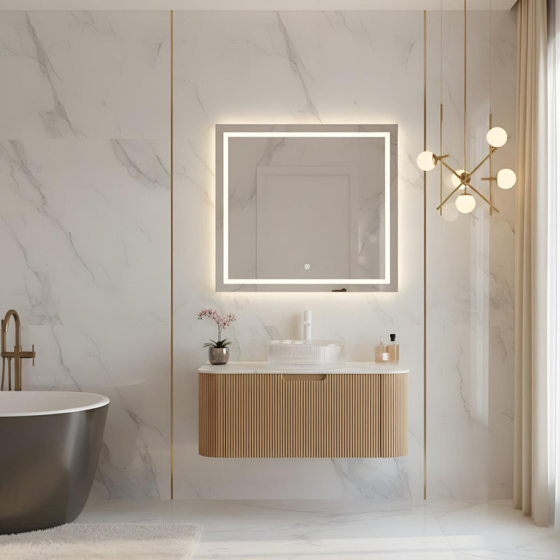 Meuble-lavabo flottant mural 36 po avec lavabo rond en verre transparent et tiroir, 36"