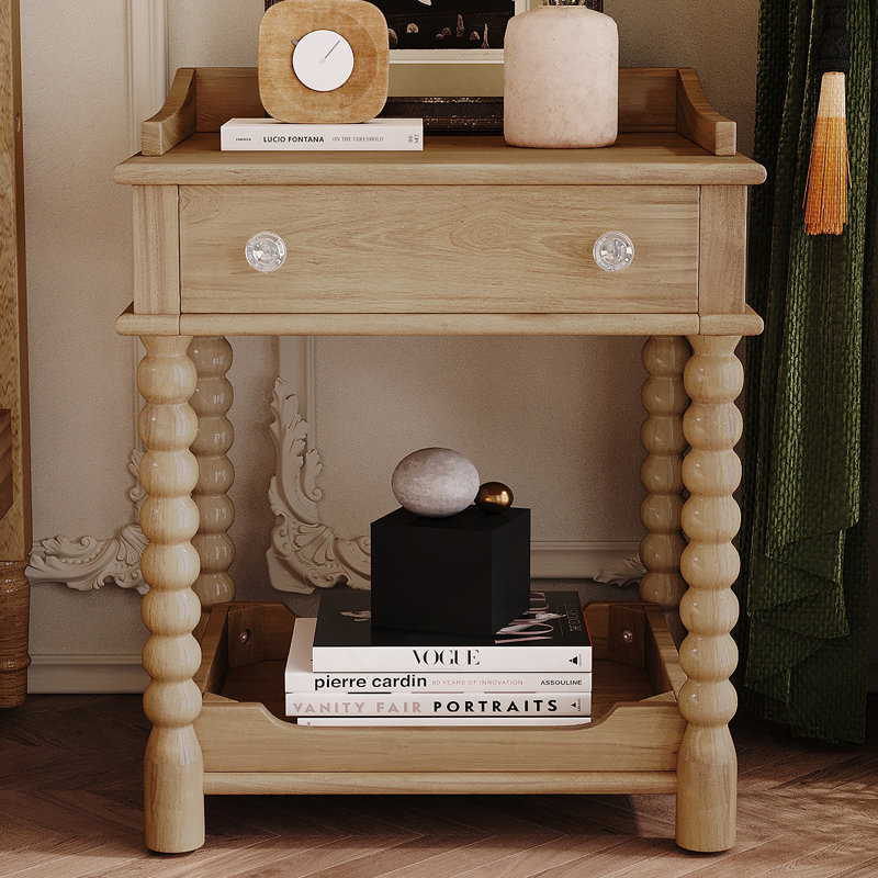 Table de chevet de style rétro avec tiroir et tablette ouverte, table de chevet avec pieds tournés et poignée en métal pour un décor de chambre intemporel