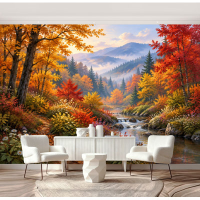 Papier peint adhésif décoratif « Forêt d'automne vibrante, rivière et montagnes colorées », 175 cm (H) x 244 cm (L), en PVC amovible et autocollant, idéal pour chambre, salon ou bureau.
