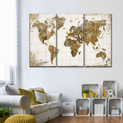 Ensemble de 3 pièces de carte du monde grunge sur toile