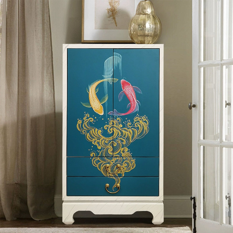 Armoire de rangement en bois massif avec art peint à la main