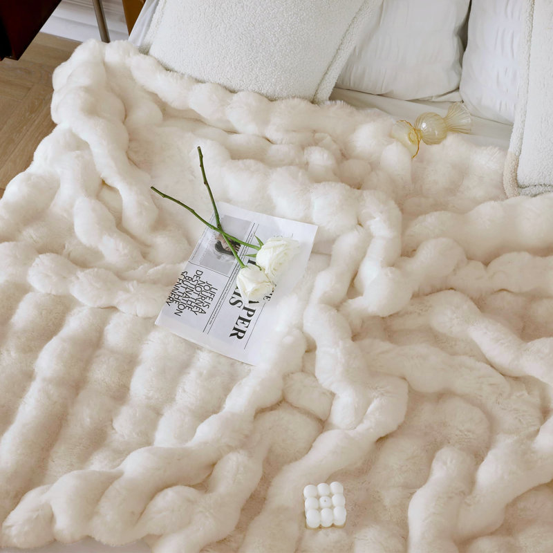 Throw Blanket For Couch Super Soft Cozy Bubble Blankets, Fleece Faux Rabbit Fur Blanket For Bed Sofa, 50" W x 60" L, Beige